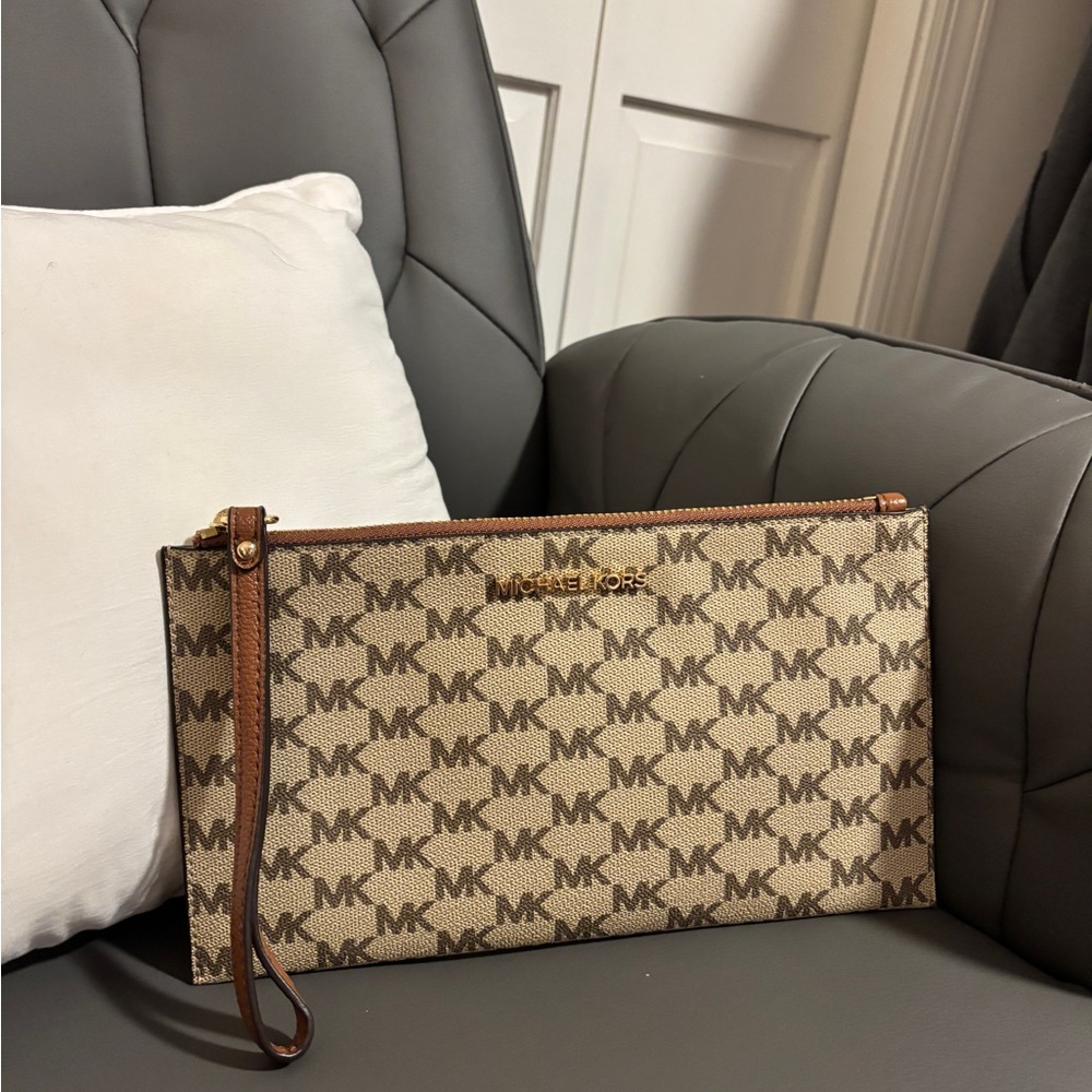 Michael Kors Tan and Brown Monogram Clutch